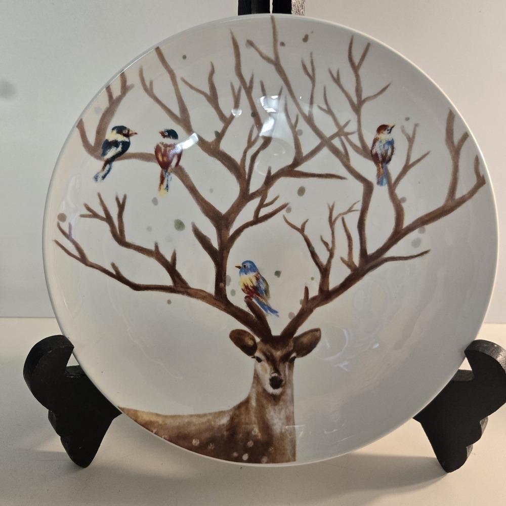 4pc Pier One Imports Salad Plates Reindeer w/ Birds Alexander Brunch Holiday 8.5